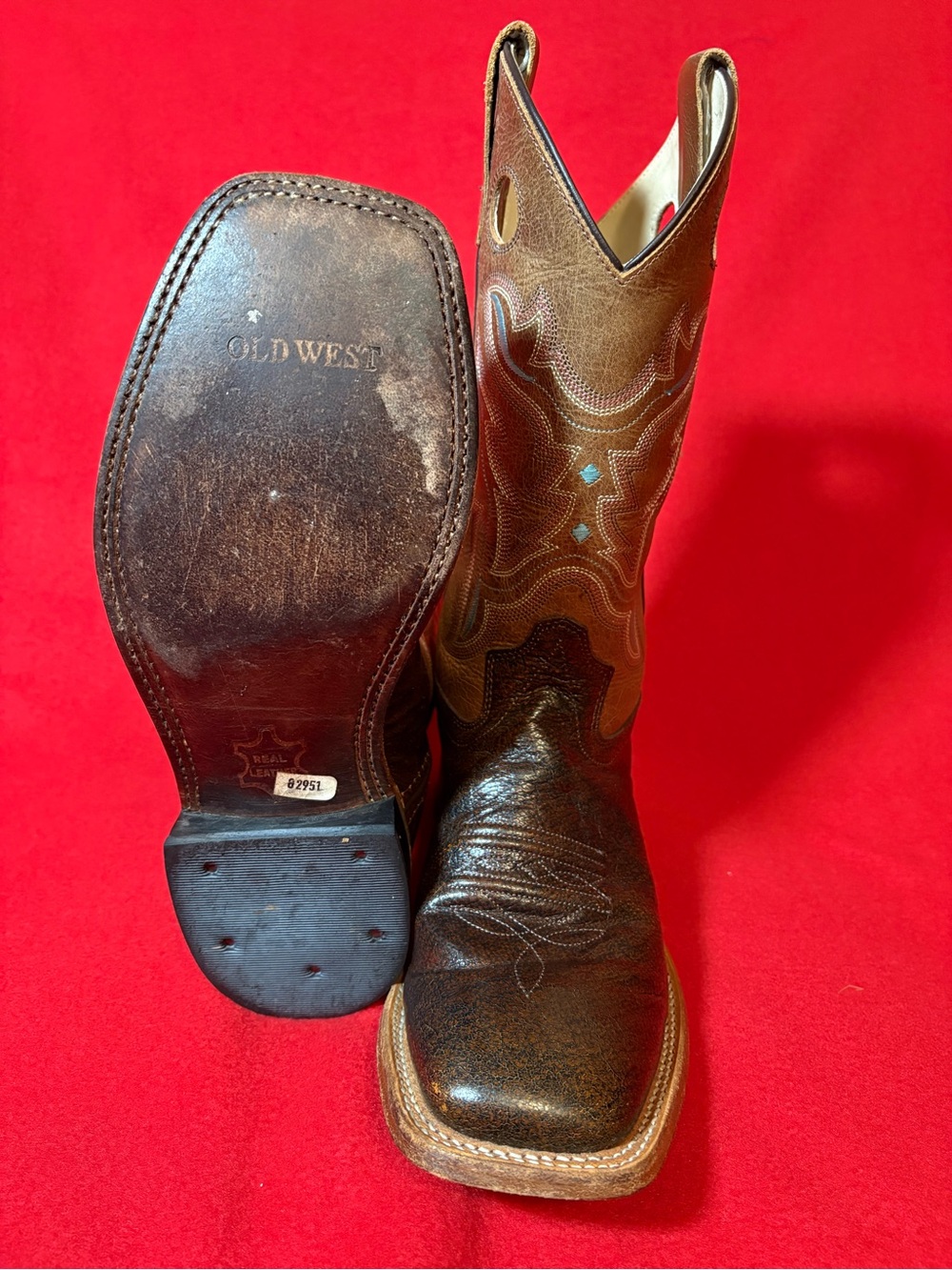 Old West Youth 6D Brown Leather Square Toe Cowboy Boots Blue Stitching - Picture 9 of 13